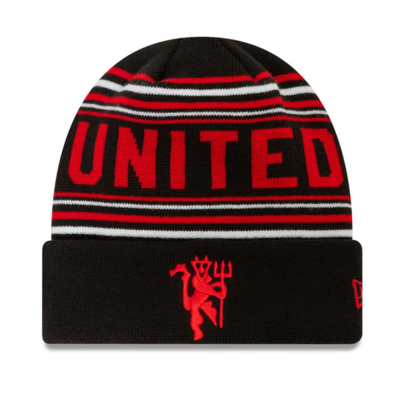 Manchester United FC New Era Stripe Cuff Beanie Hat | Black | 2025